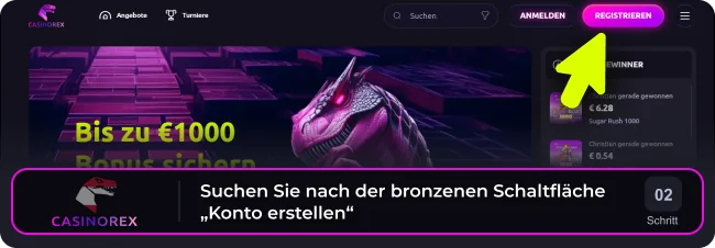Klicken Sie auf die violette Schaltfläche „Konto erstellen“ auf der Casinorex-Website