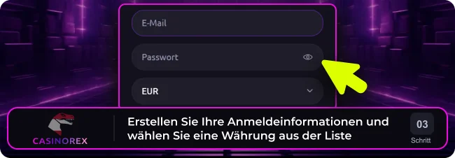 Erstellen Sie Ihr Casonorex-Login und wählen Sie eine Währung