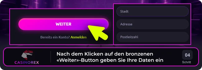 Klicken Sie auf die violette Schaltfläche, um Ihre Daten in das Anmeldeformular auf der Casinorex-Website einzutragen