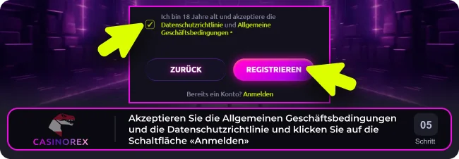 Akzeptieren Sie die Allgemeinen Geschäftsbedingungen und die Datenschutzrichtlinie von Casinorex