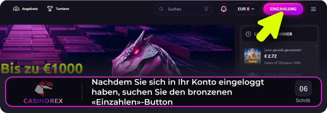 Tippen Sie auf der Casinorex-Seite auf die violette Schaltfläche „Einzahlung“