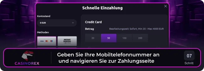 Navigieren Sie zur Zahlungsseite von Casinorex