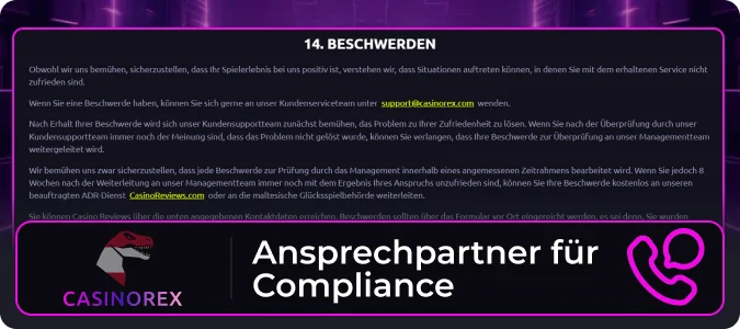 Ansprechpartner für die Einhaltung der Vorschriften sind auf der Casinorex-Website zu finden