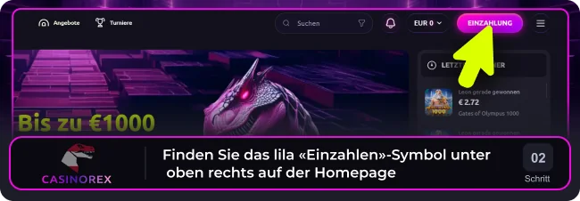 Klicken Sie auf der Casinorex-Website auf das lilafarbene Symbol „Einzahlen“