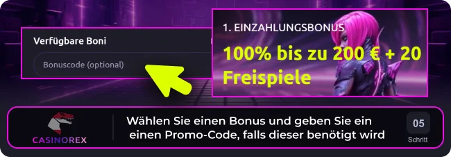 Wählen Sie einen Casinorex-Bonus und geben Sie einen Promo-Code in das folgende Feld ein