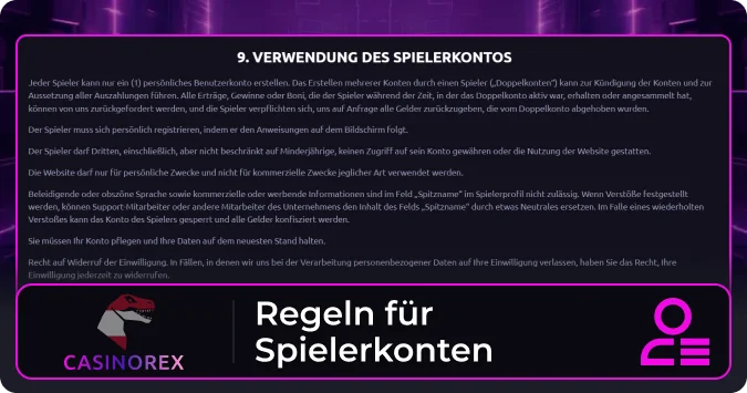 Regeln für das CasinoRex-Konto
