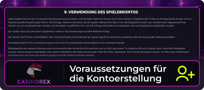 Voraussetzungen für die Registrierung neuer Benutzer bei Casinorex