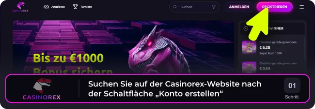 Suchen Sie auf der Casinorex-Website nach der violetten Schaltfläche „Konto erstellen“