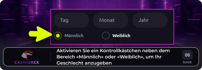 Geben Sie Ihr Geschlecht im Casinorex-Registrierungsbereich an
