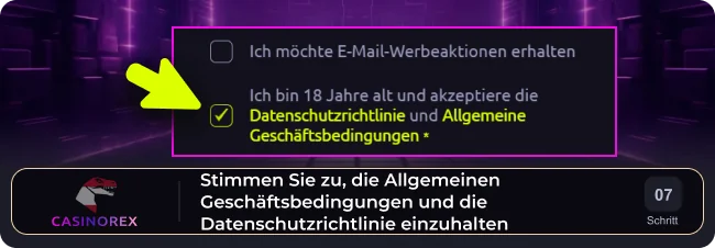 Lesen Sie die Allgemeinen Geschäftsbedingungen der Casinorex-Website und stimmen Sie ihnen zu
