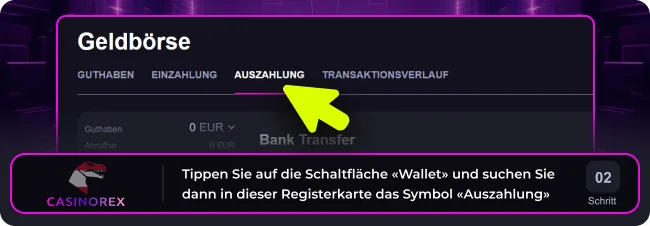 Suchen Sie die Schaltfläche „Abhebung“ im Casinorex-Profilfenster