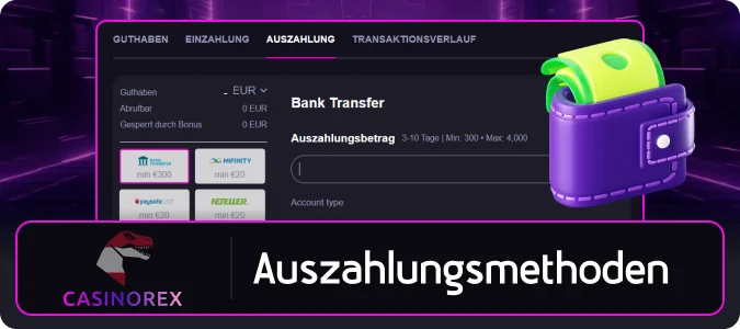 Abhebungsmethoden auf der Casinorex Website