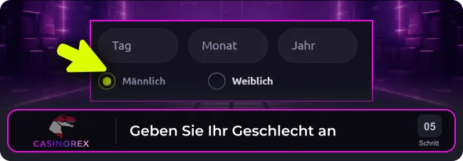 Geben Sie Ihr Geschlecht in das Casinorex-Anmeldeformular ein