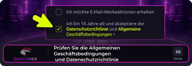 Lesen Sie die Allgemeinen Geschäftsbedingungen und die Datenschutzrichtlinie von Casinorex und akzeptieren Sie diese