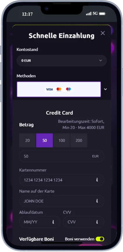 Screenshot der Zahlungsseite von Casinorex