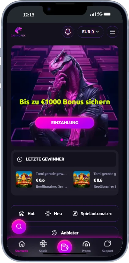 Screenshot der Casinorex-Hauptseite