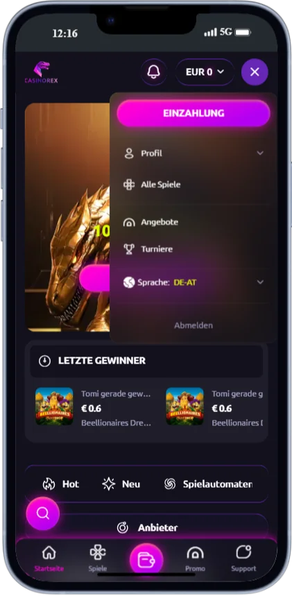 Screenshot des Casinorex Mobile-Menüs