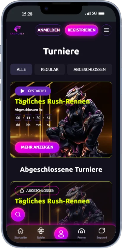 Screenshot der Turnierseite in der mobilen Casinorex-App